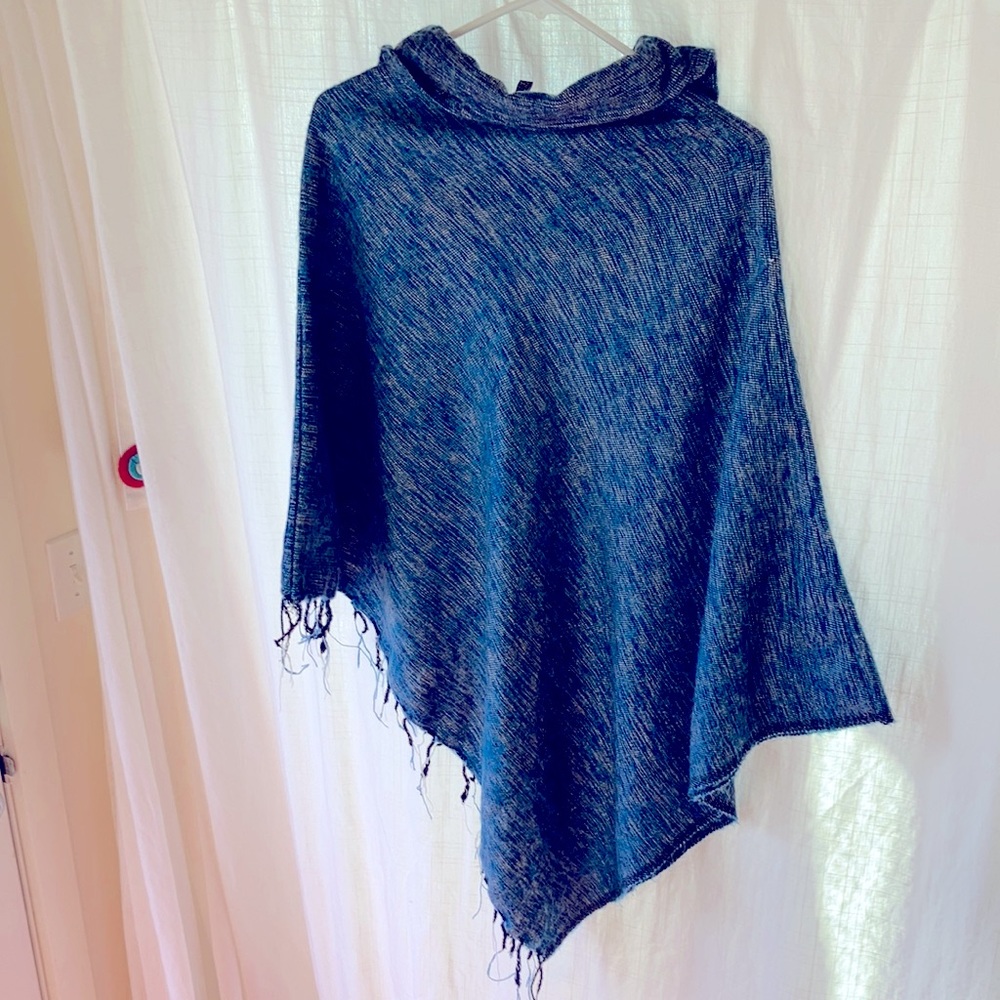 Blue Wool Poncho Shawl Handmade in Nepal